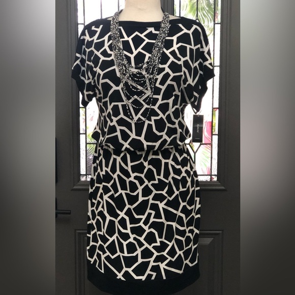 NWT- Alfani Graphic Black and White Boat Neckline Dress - Picture 1 of 6